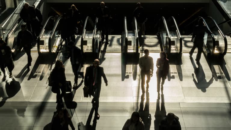 Passenger and tourist walking and running on escalator for in and out in rush hour, New York City. United States, 4k time lapse clip