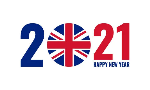Vector illustration of 2021 happy new year text with united kingdom flag