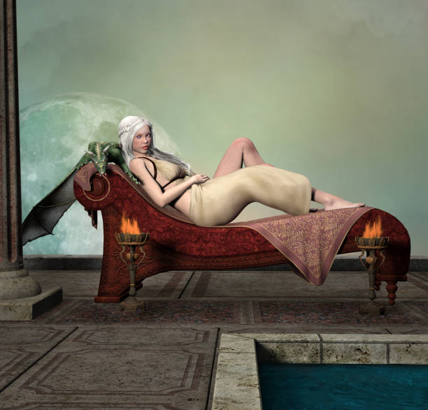 At the beauty center Beautiful blonde relaxing at a roman spa with a dragon – 3D render chaise longue woman stock pictures, royalty-free photos & images