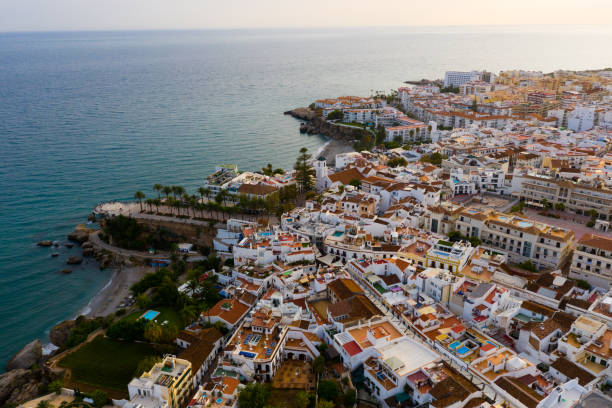 view over the resort town nerja on mediterranean coast of spain - nerja imagens e fotografias de stock