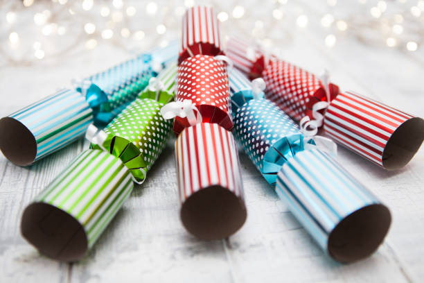 Glossy Christmas crackers - spotted and striped pattern in red, green and blue