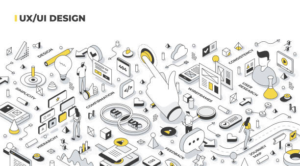 UX/UI Design Isometric Illustration UX, UI design concept. Building user experience roadmap, planning user interaction with the interface. Isometric vector illustration customer experience stock illustrations