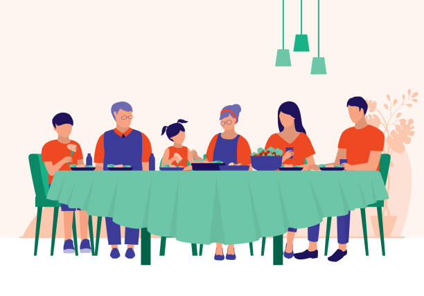 illustrazioni stock, clip art, cartoni animati e icone di tendenza di grande famiglia che cena insieme a casa. concetto di relazioni familiari. illustrazione del cartone animato piatto vettoriale. - cena