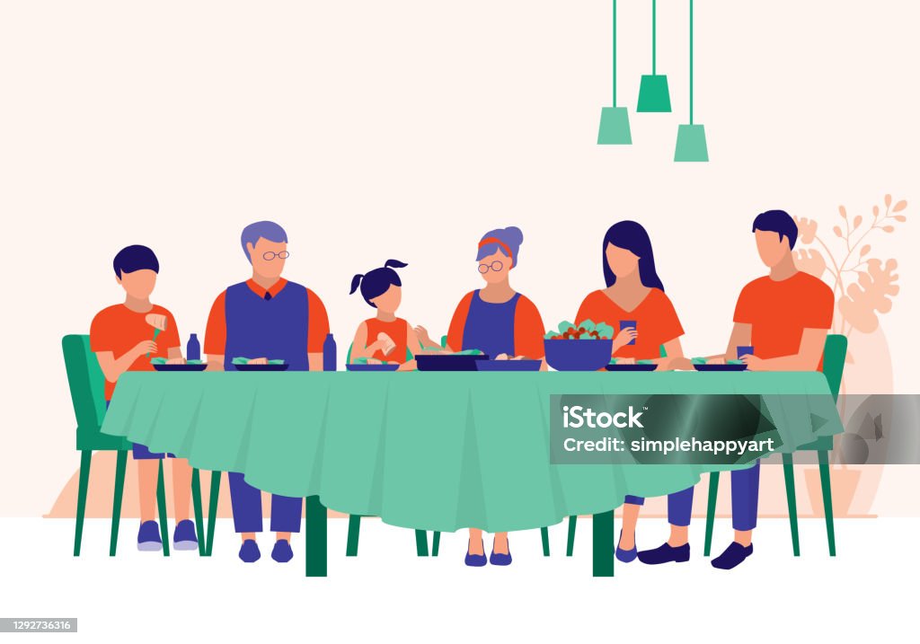 Big Family Having Dinner Together At Home Family Relationships Concept  Vector Flat Cartoon Illustration Stock Illustration - Download Image Now -  iStock
