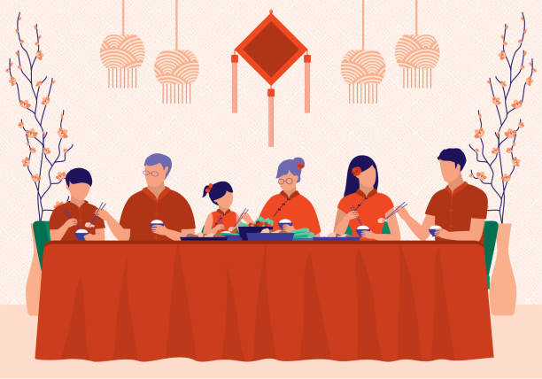 Big Chinese Family Enjoying Chinese New Year Reunion Dinner. Celebration And Festival Concept. Vector Illustration Flat Cartoon. 3 Generations Of Family Eating Meal Together. reunion stock illustrations