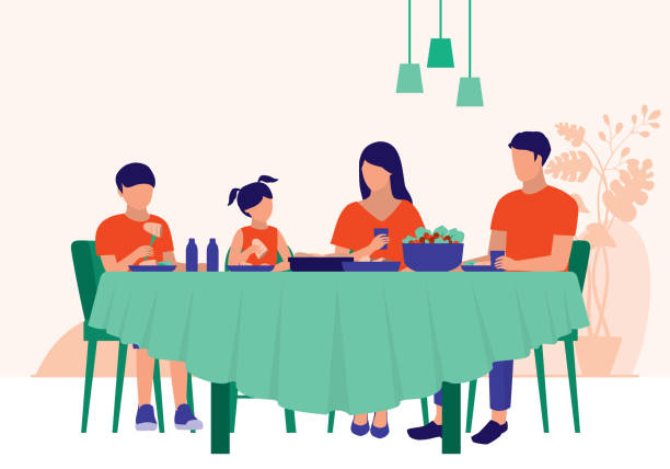 집에서 함께 저녁 식사를하는 가족. 가족 관계 개념. 벡터 플랫 만화 일러스트레이션. - asian cuisine lunch dinner food stock illustrations
