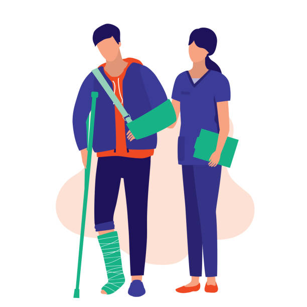 Nurse Helping A Injury Man To Walk. Medical & Accident Concept. Vector Illustration Flat Cartoon. Young Man With A Broken Arm And Leg. nurse clipart stock illustrations
