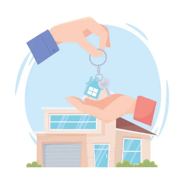 Vector illustration of handing over the Key from a new home, modern house background