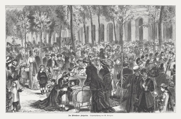 Hofgarten (Court Garden) in Munich, Bavaria, Germany, woodcut, published 1882 The Hofgarten (Court Garden) in Munich, 19th century. Wood engraving after a drawing by Wilhelm Grögler (German painter, 1839 - 1897), published in 1882. bavarian dress stock illustrations