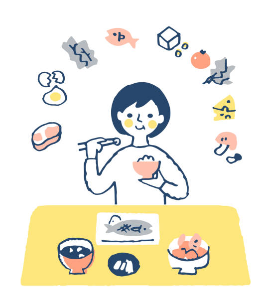 kobieta jedząca dietę zbilansowaną pod względem odżywczym - asian cuisine illustrations stock illustrations