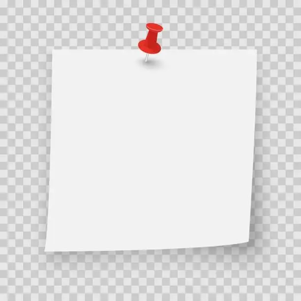 Vector illustration of White sticky note with red pin and shadow on transparent background. Adhesive office reminder note paper icon. Mock up template for your design.