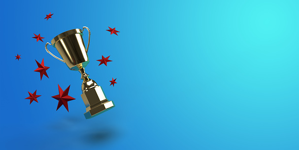 3D rendered Gold trophy award with shiny red stars on blue gradient background. Large copy space. Also can be used as square composition.