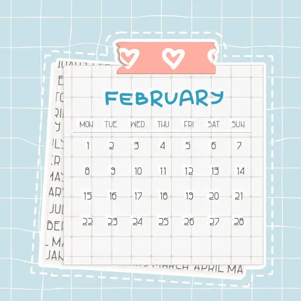 Vector illustration of February 2021 calendar. Blue text on squared paper with dots. A piece of newspaper is at the bottom, pink scotch, patterned adhesive tape with hearts on the top