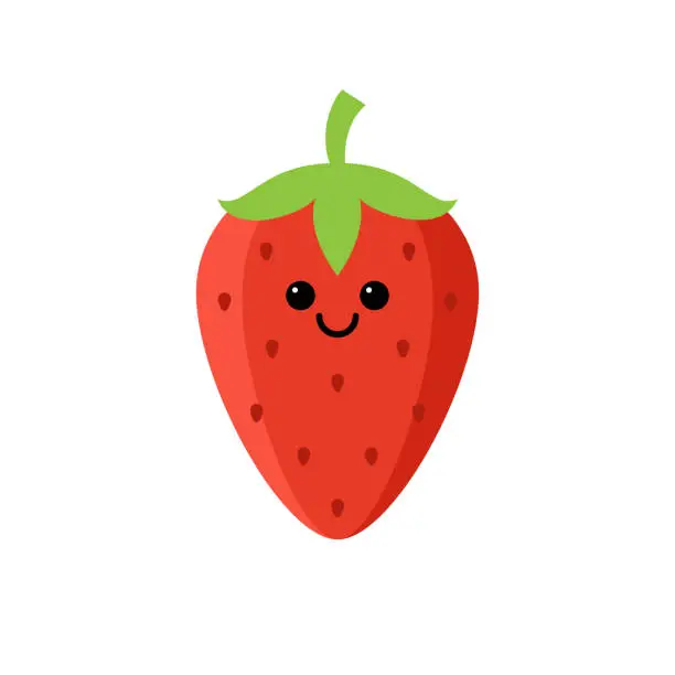 Vector illustration of Isolated cartoon red strawberry with kawaii face on white background. Colorful friendly strawberry. Cute funny fruit personage. Flat design. For children product.