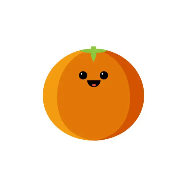 Vector illustration of Isolated cartoon orange with kawaii face on white background. Colorful friendly orange citrus fruit. Cute funny personage. Flat design. For children product.