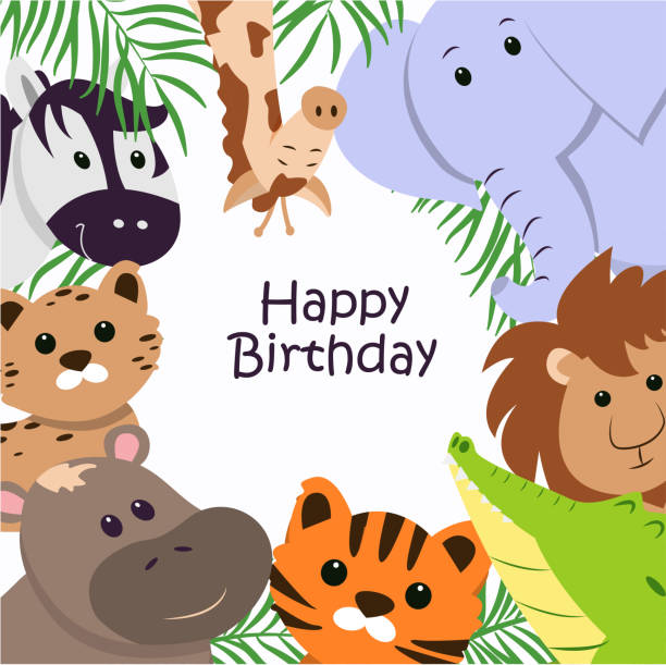 grußkarte mit wilden tieren - tropical rainforest animal cartoon lion stock-grafiken, -clipart, -cartoons und -symbole
