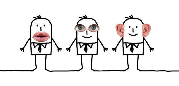 Cartoon three Men opening Mouth, Eyes and Ears Hand drawn - Cartoon three Men opening Mouth, Eyes and Ears - Collage visual sense stock pictures, royalty-free photos & images