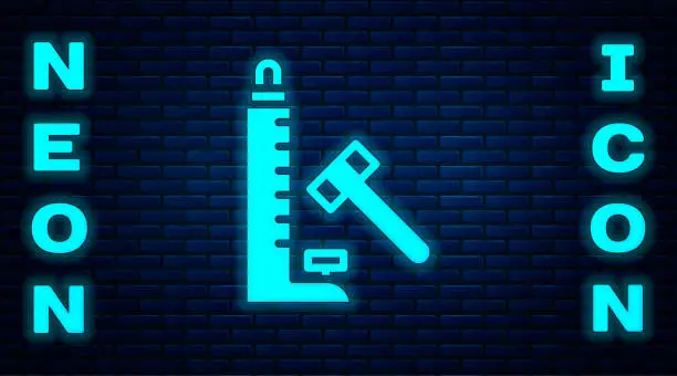 Vector illustration of Glowing neon High striker attraction with big hammer icon isolated on brick wall background. Attraction for measuring strength. Amusement park. Vector