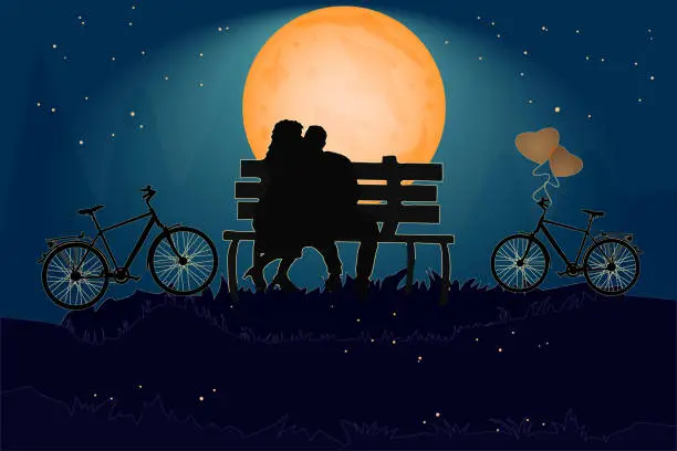 Vector illustration of Couple sitting on a bench in the park in love atmosphere. Valentine's day card with romantic couple and bike.