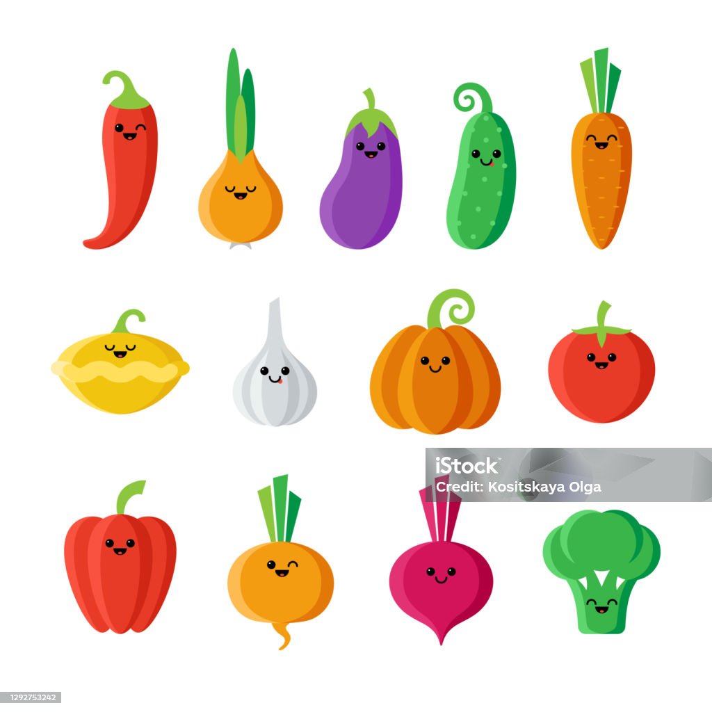 Set Of Isolated Cartoon Vegetables With Kawaii Face On White Background  Collection Of Colorful Friendly Vegetables Cute Funny Personage Flat Design  For Children Product Stock Illustration - Download Image Now - iStock