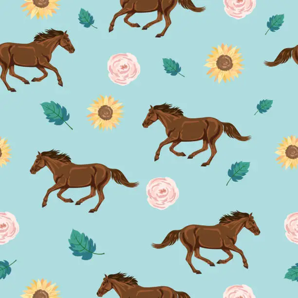 Vector illustration of Seamless Background Of Wild Horses And Flowers