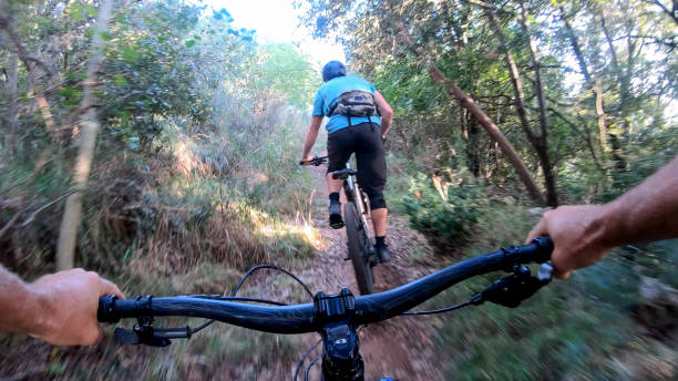 istock Mountain biker rides along forested path in the morning 1292753806