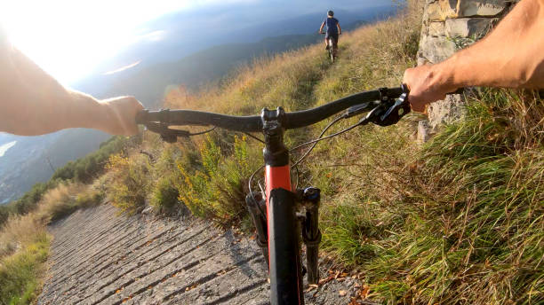 istock Mountain bikers ride through grassy meadow in the morning 1292754021