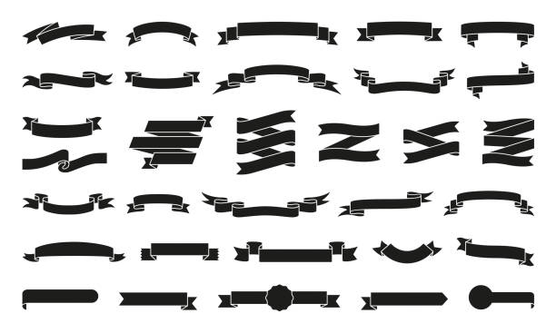 illustrazioni stock, clip art, cartoni animati e icone di tendenza di nastro carta nero silhouette icone set vettoriale - banner web
