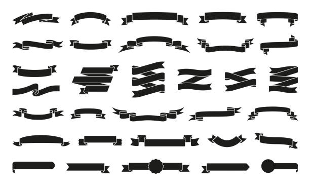 papierowa wstążka czarna sylwetka ikony zestaw wektorowy - ribbon stock illustrations