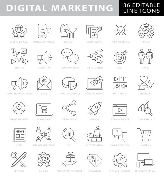 illustrazioni stock, clip art, cartoni animati e icone di tendenza di icone della linea del tratto modificabile di digital marketing - marketing immagine
