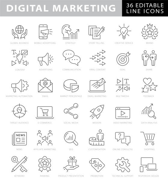 ilustrações, clipart, desenhos animados e ícones de ícones da linha de traçado editável de marketing digital - marketing