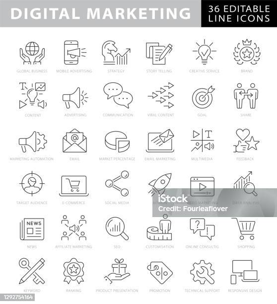 Digital Marketing Editable Stroke Line Icons Stock Illustration - Download Image Now - Icon, Marketing, Technology
