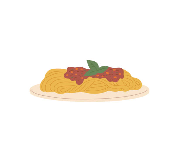 illustrazioni stock, clip art, cartoni animati e icone di tendenza di piatto con pasta e carne o salsa di pomodoro illustrazione vettoriale piatta isolata. - ragù