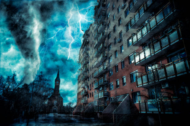 istock A tornado approaching to the residential building. Digital illustration 1292755242