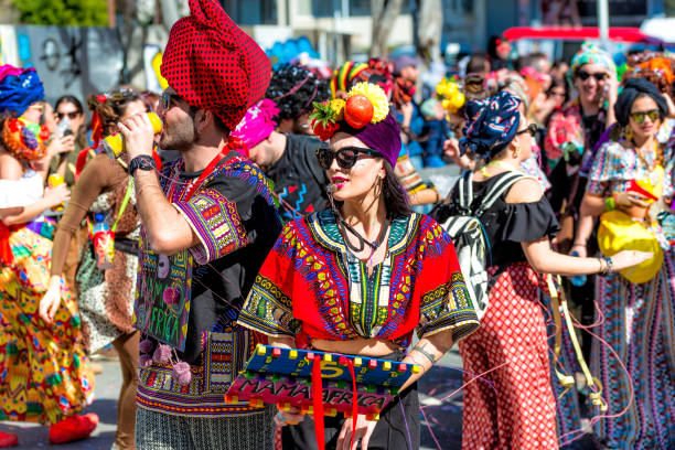 People in colorful costumes during the famous annual Grand Carnival Parade Limassol, Cyprus - March 01, 2020: People in colorful costumes during the famous annual Grand Carnival Parade limassol stock pictures, royalty-free photos & images