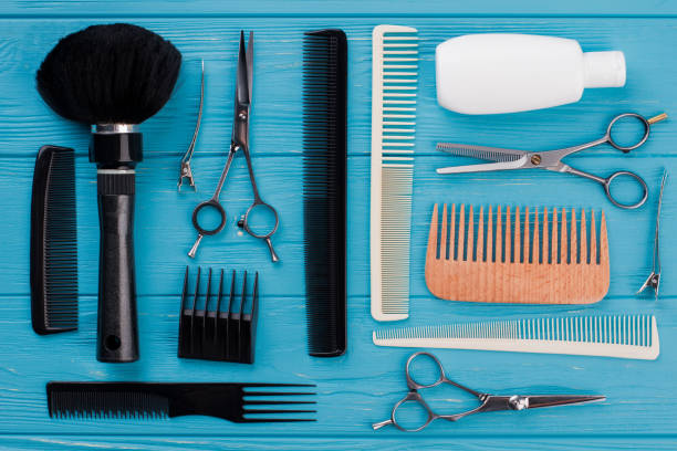 istock Professional hairdresser tools on blue background. 1292757068