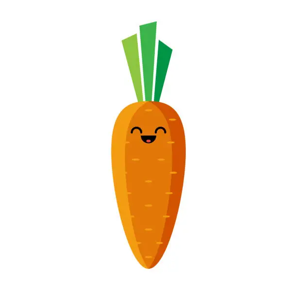 Vector illustration of Isolated cartoon orange carrot with kawaii face on white background. Colorful friendly carrot vegetable. Cute funny personage. Flat design. For children product.