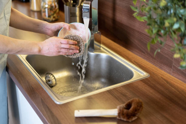 istock Woman washing bowl, using eco friendly sponge 1292758496