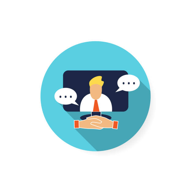 Online job interview flat icon.Color illustration Online job interview flat icon. Video conference meeting. Concept of recruiter interviewing candidate online. Remote headhunting examination. Color vector illustration with shadow interview event silhouettes stock illustrations