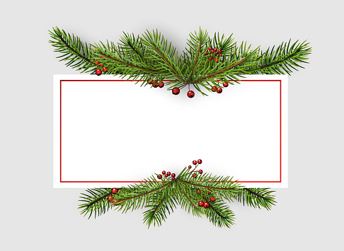 Square frame with green spruce branches and red holly berries. Template for banners. Vector holiday illustration.