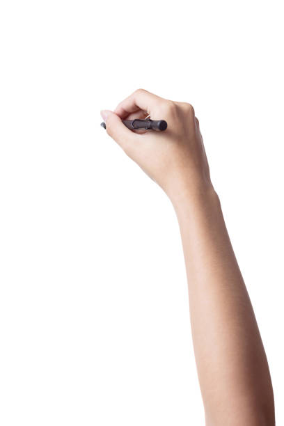 istock Female hand is ready for drawing with black marker. Isolated on white. 1292761000