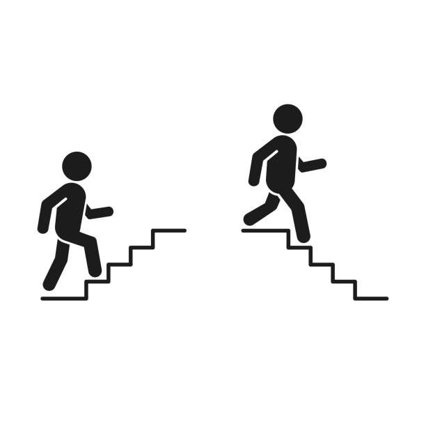 ilustraciones, imágenes clip art, dibujos animados e iconos de stock de cartel de iconos arriba y abajo. caminando hombre en las escaleras diseño plano. ilustración aislada vectorial - black ladder white staircase