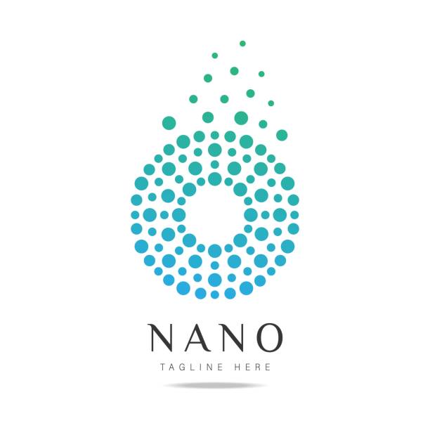абстрактный вектор логотип с полутонными точками и кругами жидкости различных форм на белом фоне. творческий дизайн шаблон значок нано тех - nanotechnology stock illustrations
