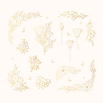 Flourish golden ornate corners with flowers. Floral bouquets for wedding card. Vector isolated gold elegant foliage borders.