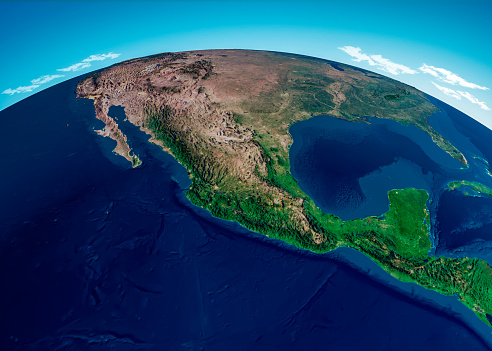 Map of Central America, satellite view. Mexico and United States, physical map. reliefs and mountains. Elements of this image are furnished by Nasa. 3d render\nhttps://visibleearth.nasa.gov/images/73801/september-blue-marble-next-generation-w-topography-and-bathymetry/73812l