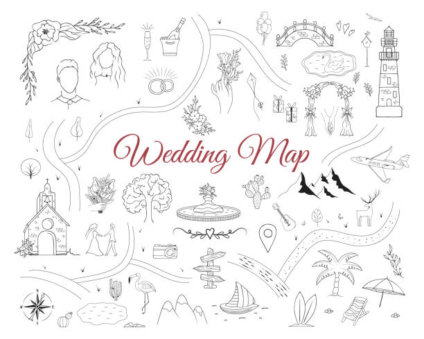 ilustrações de stock, clip art, desenhos animados e ícones de wedding invitation card with elements. vector isolated map creator for engagement . hand drawn illustration for marrige ceremony. - church wedding