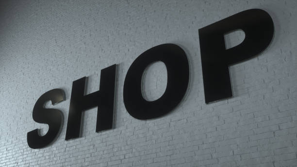The black SHOP text is put on the white brick wall. 3d rendering.
