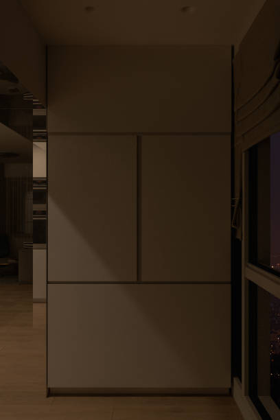 istock 3d render of a kitchen cabinet for making coffee, night interior background. Modern interior design with a large panoramic window 1292772763