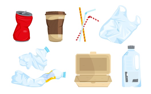 Garbage types set. Can, plastic waste, bottles, bag, sipping straws, disposable tableware. The most widespread litter. Objects collection. Editable vector illustration isolated on the white background