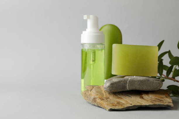 istock Concept of personal hygiene with soap on light gray background 1292776190